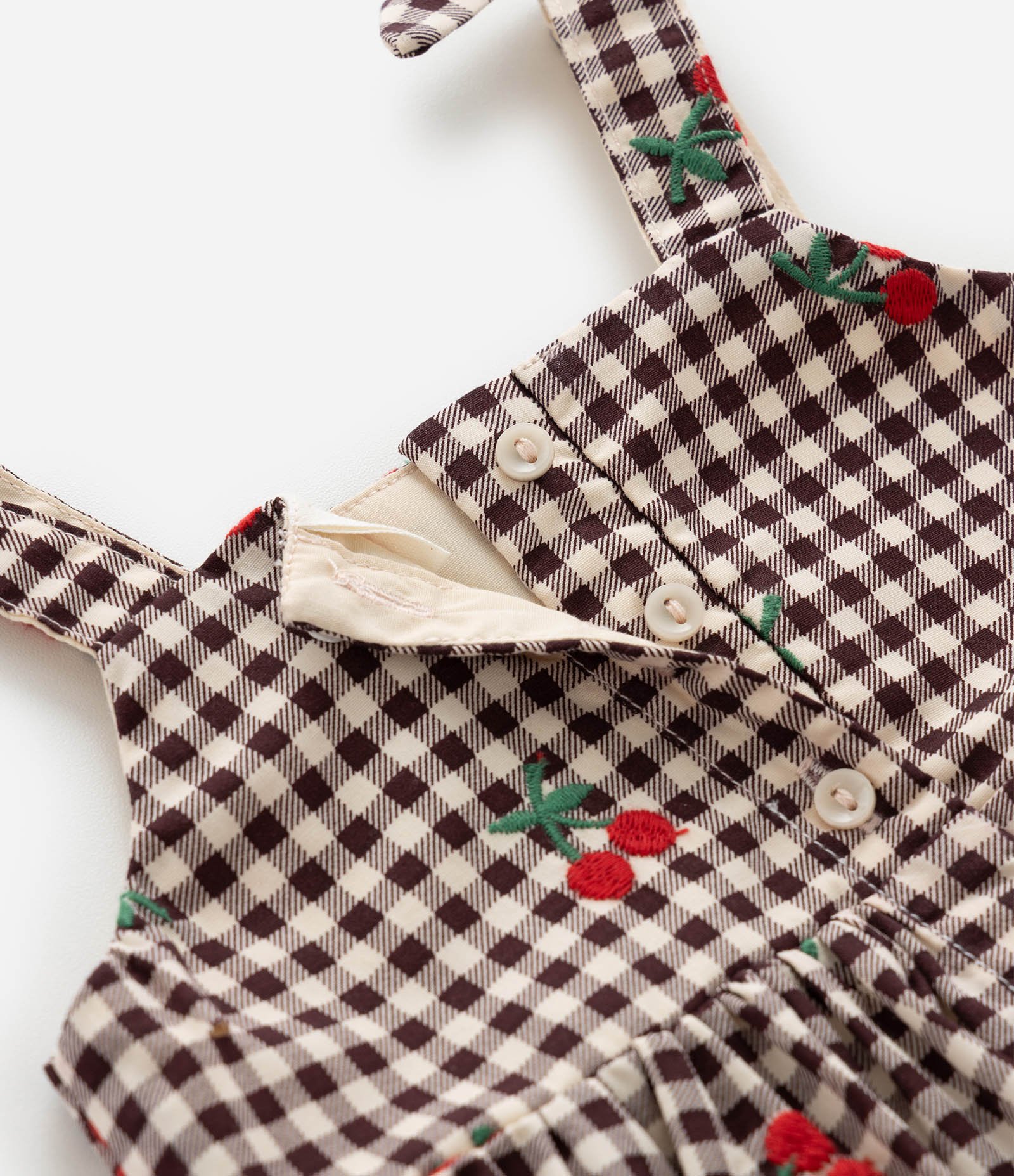 Vestido Infantil Xadrez em Tricoline com Bordados e Calcinha – Tam 0 a 18 Meses Marrom/Bege 5