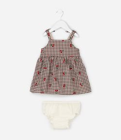 Vestido Infantil Xadrez em Tricoline com Bordados e Calcinha – Tam 0 a 18 Meses