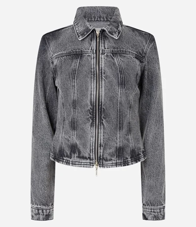 Jaqueta Jeans Acinturada com Lavagem Estonada