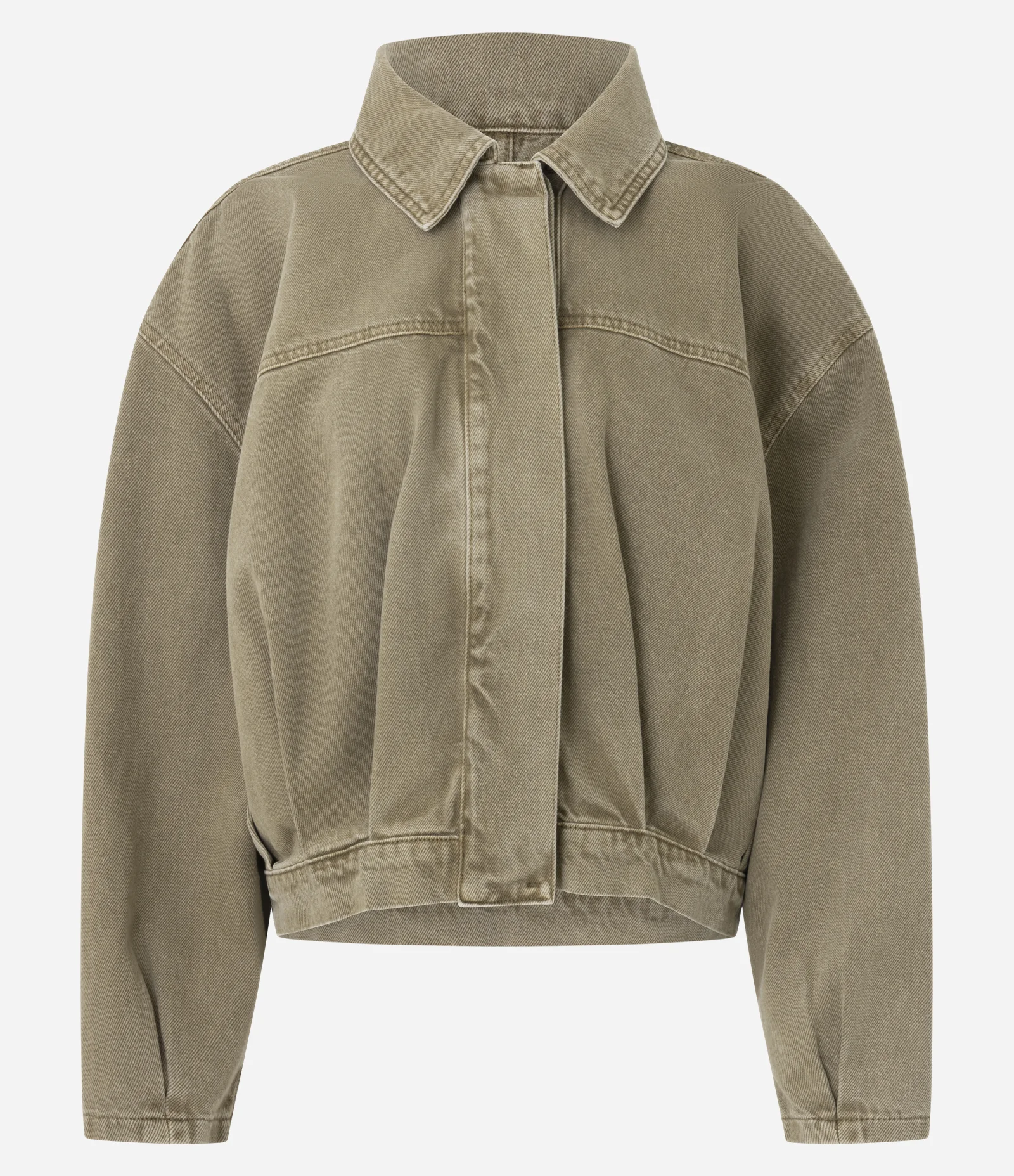 Jaqueta Bomber em Jeans com Pregas e Gola Polo Marrom Taupe 1