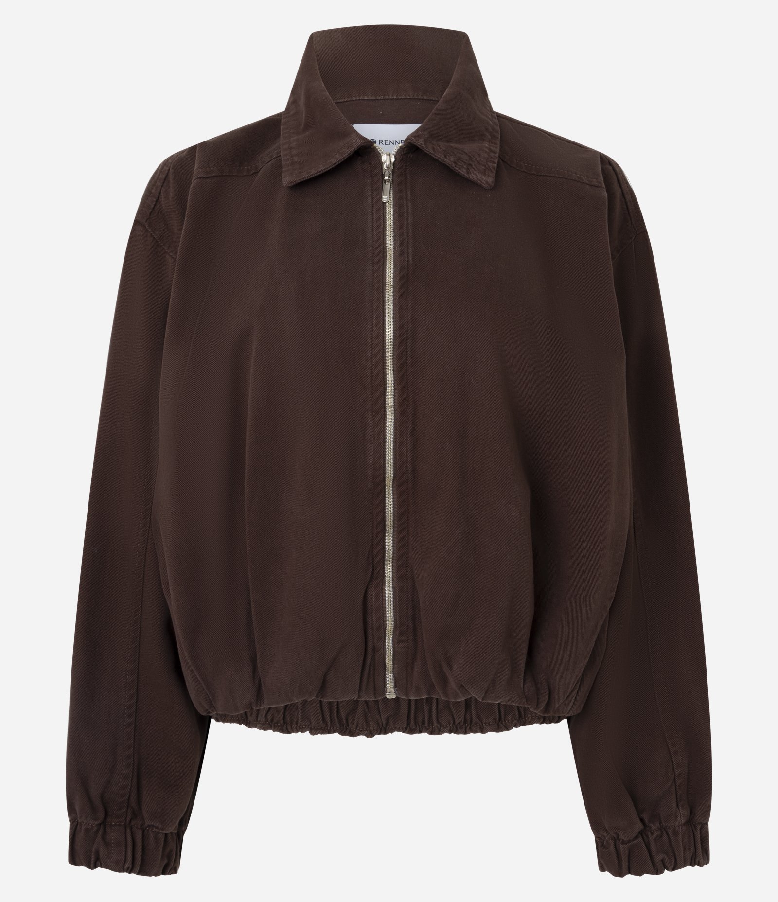 Jaqueta Bomber em Sarja com Pregas e Zíper Frontal Marrom Escuro 1