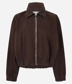 Jaqueta Bomber em Sarja com Pregas e Zíper Frontal