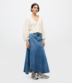 Saia Midi em Jeans com Cintura Alta e Recorte Frontal