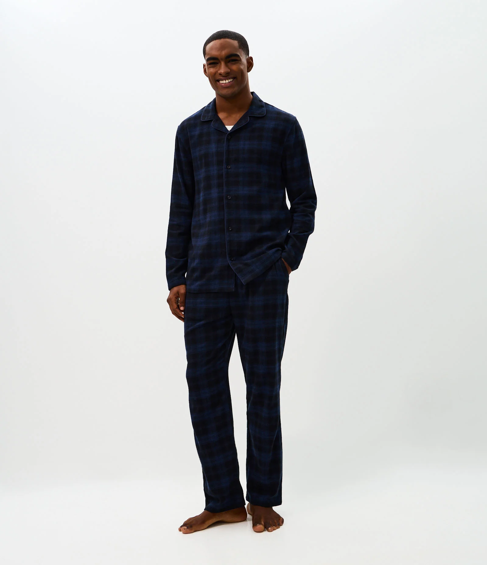 Pijama Longo em Flanela Xadrez com Botões Azul 1