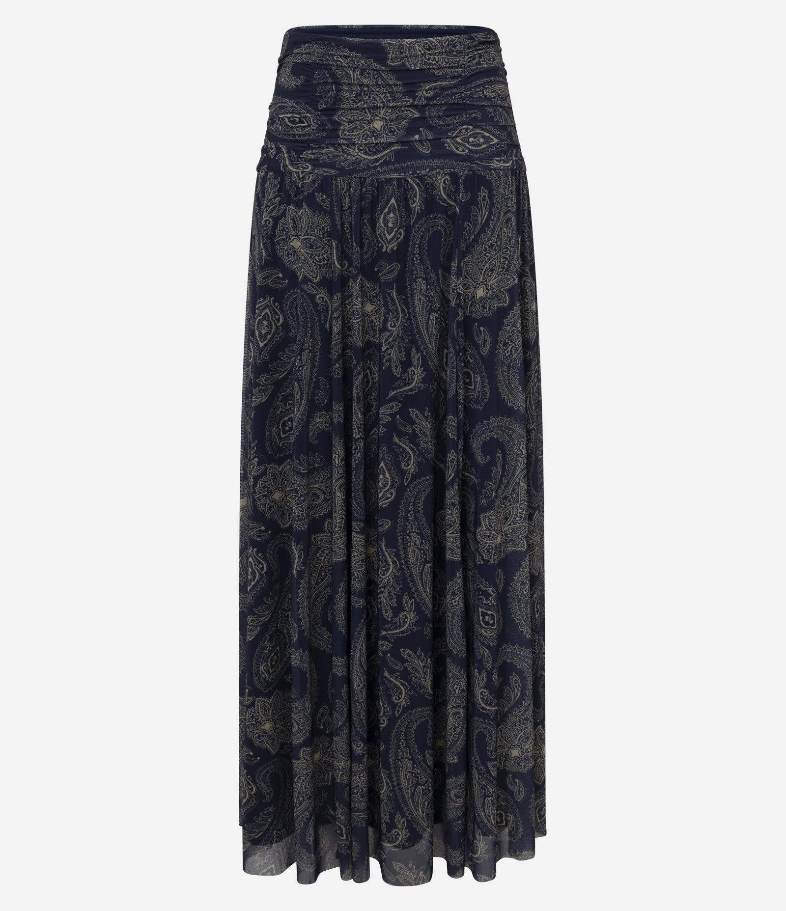 Saia Longa em Tule com Cós Drapeado e Estampa Arabesco Azul 5