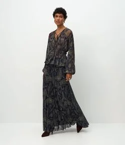 Saia Longa em Tule com Cós Drapeado e Estampa Arabesco