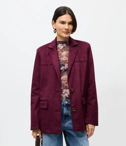 Blazer em Suede com Bolsos e Gola Estruturada
