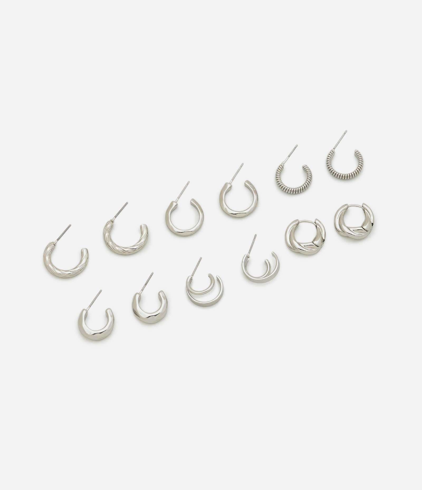 Kit 06 Argolas com Texturas e Tamanhos Diferentes Prata 1