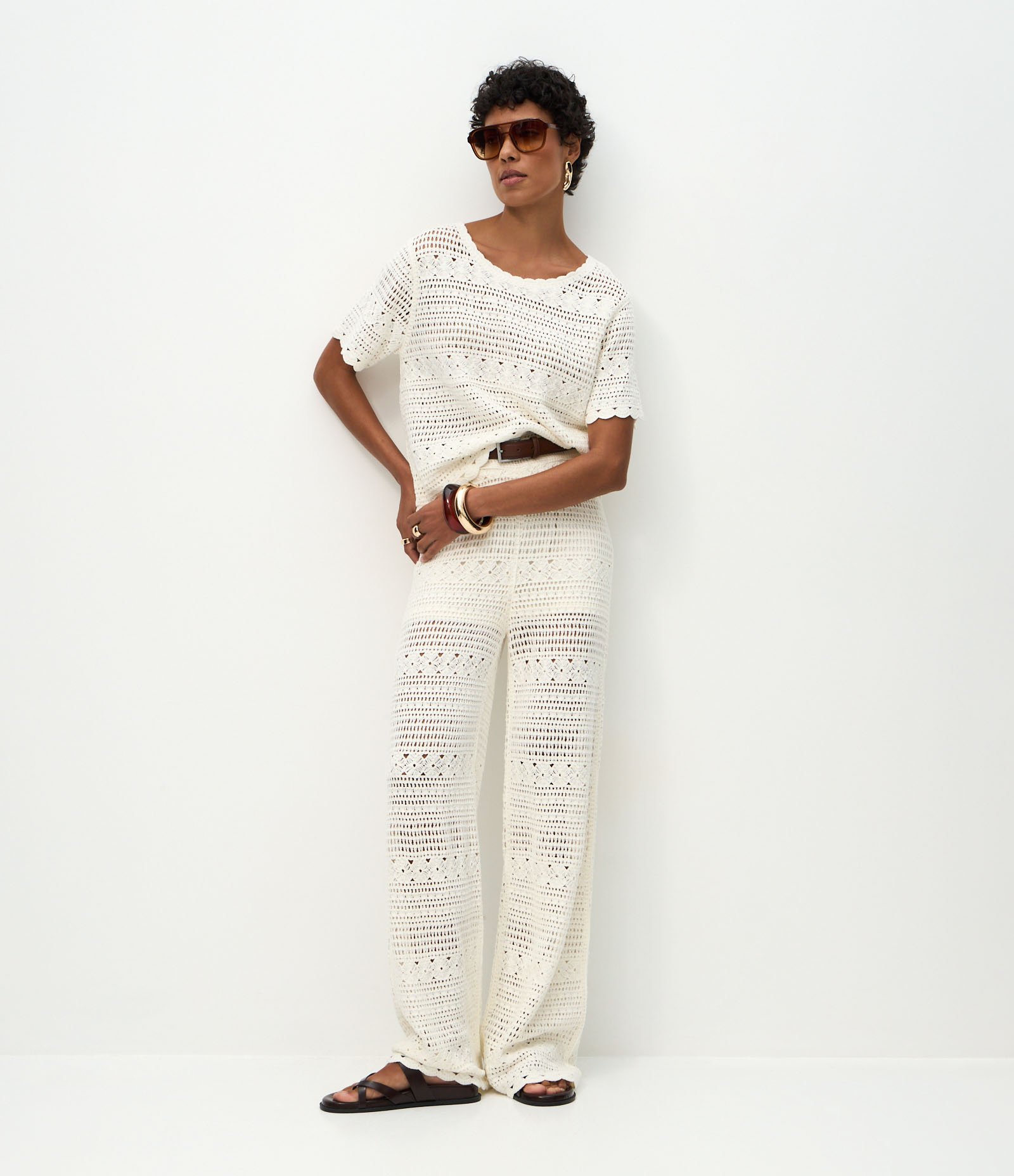 Calça Reta em Tricô com Trama Aberta Branco 1