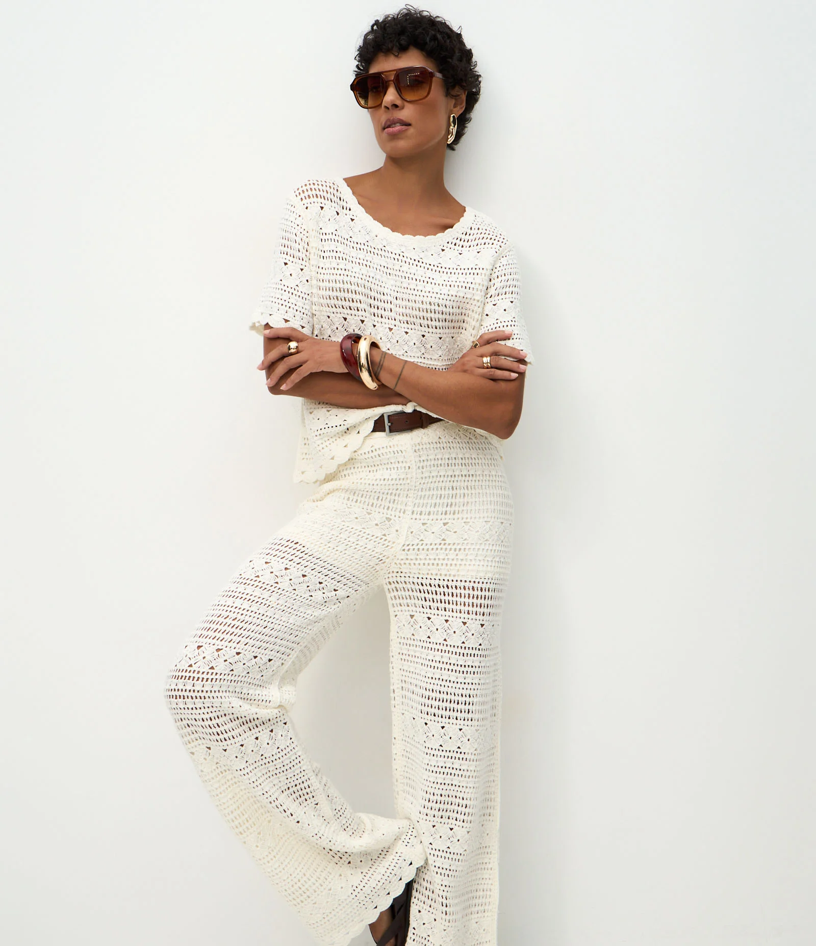 Calça Reta em Tricô com Trama Aberta Branco 2