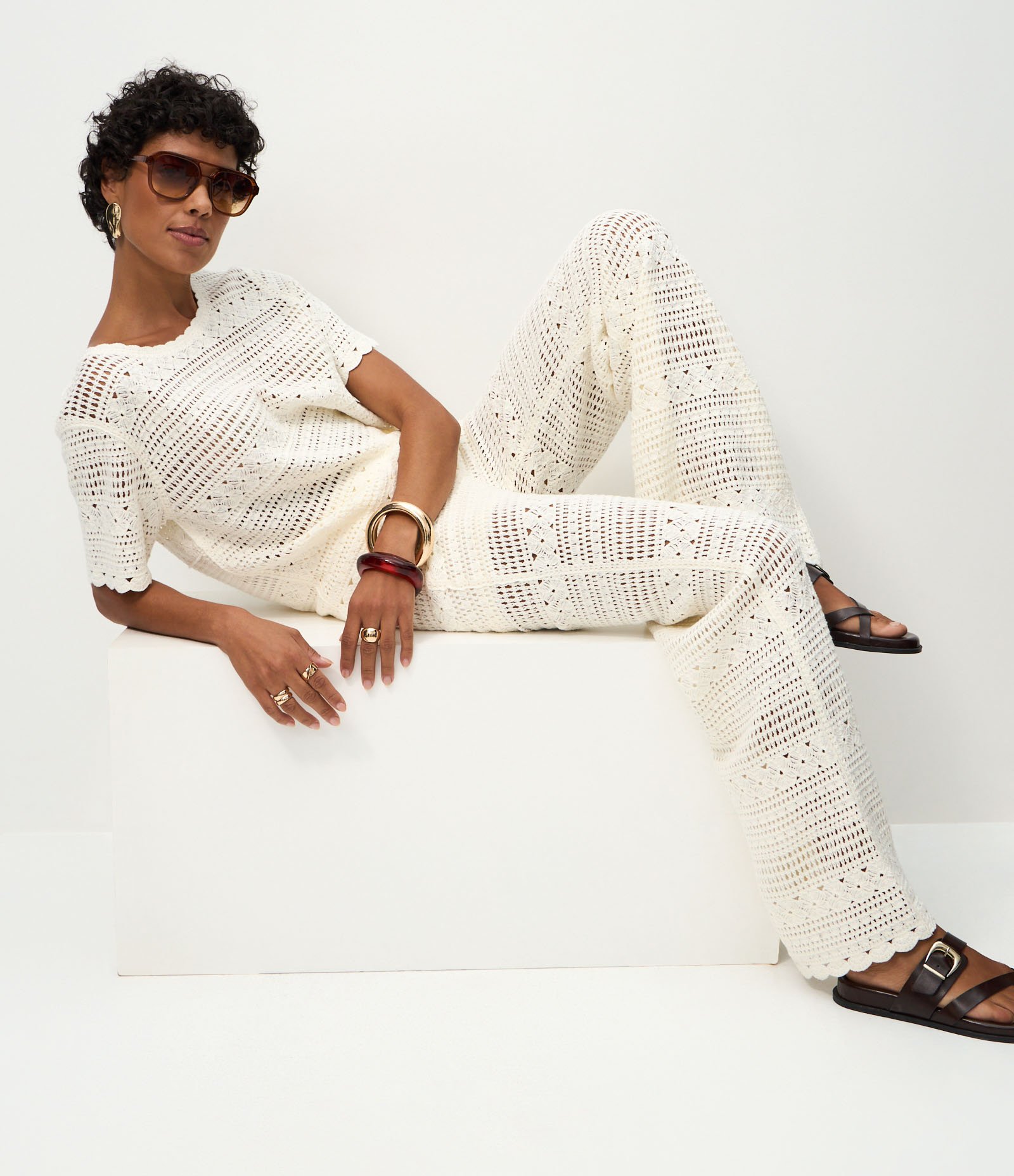 Calça Reta em Tricô com Trama Aberta Branco 5