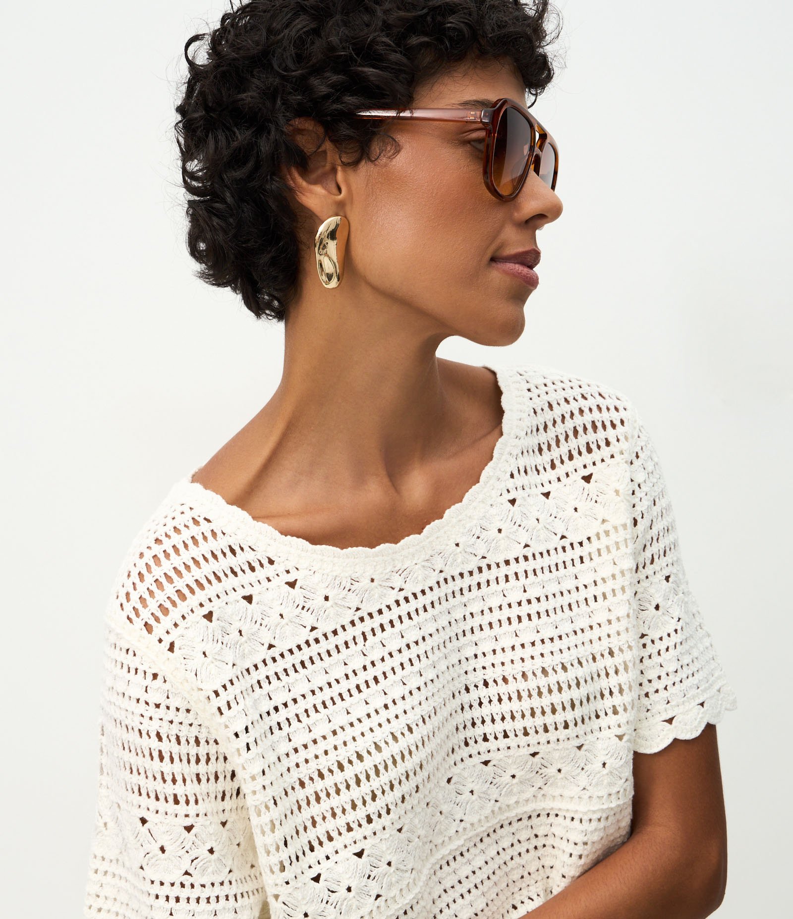 Blusa Crochetada com Manga Curta Branco 3