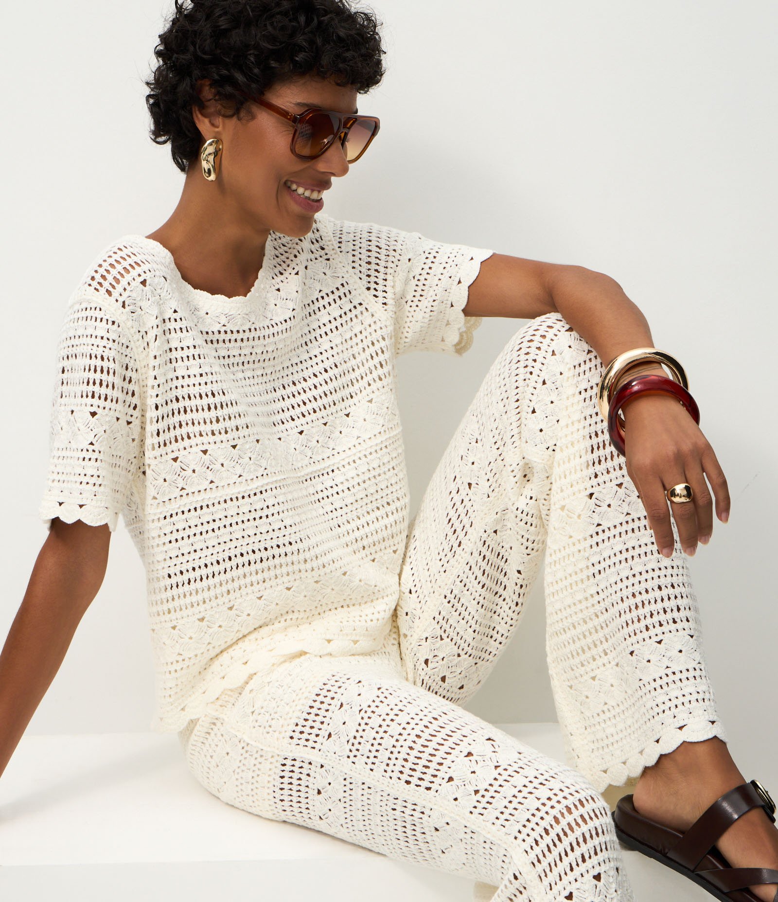 Blusa Crochetada com Manga Curta Branco 4