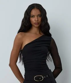 Body Ombro Único em Tule com Franzidos