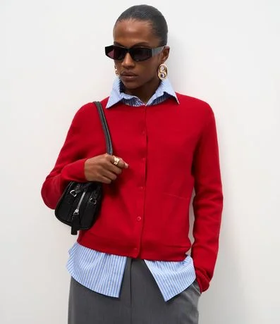 T/CBASIC KNIT SHIRT CARDIGANチャコール レッドセット Cardigan em Tricô com Bolsos Frontais Vermelho