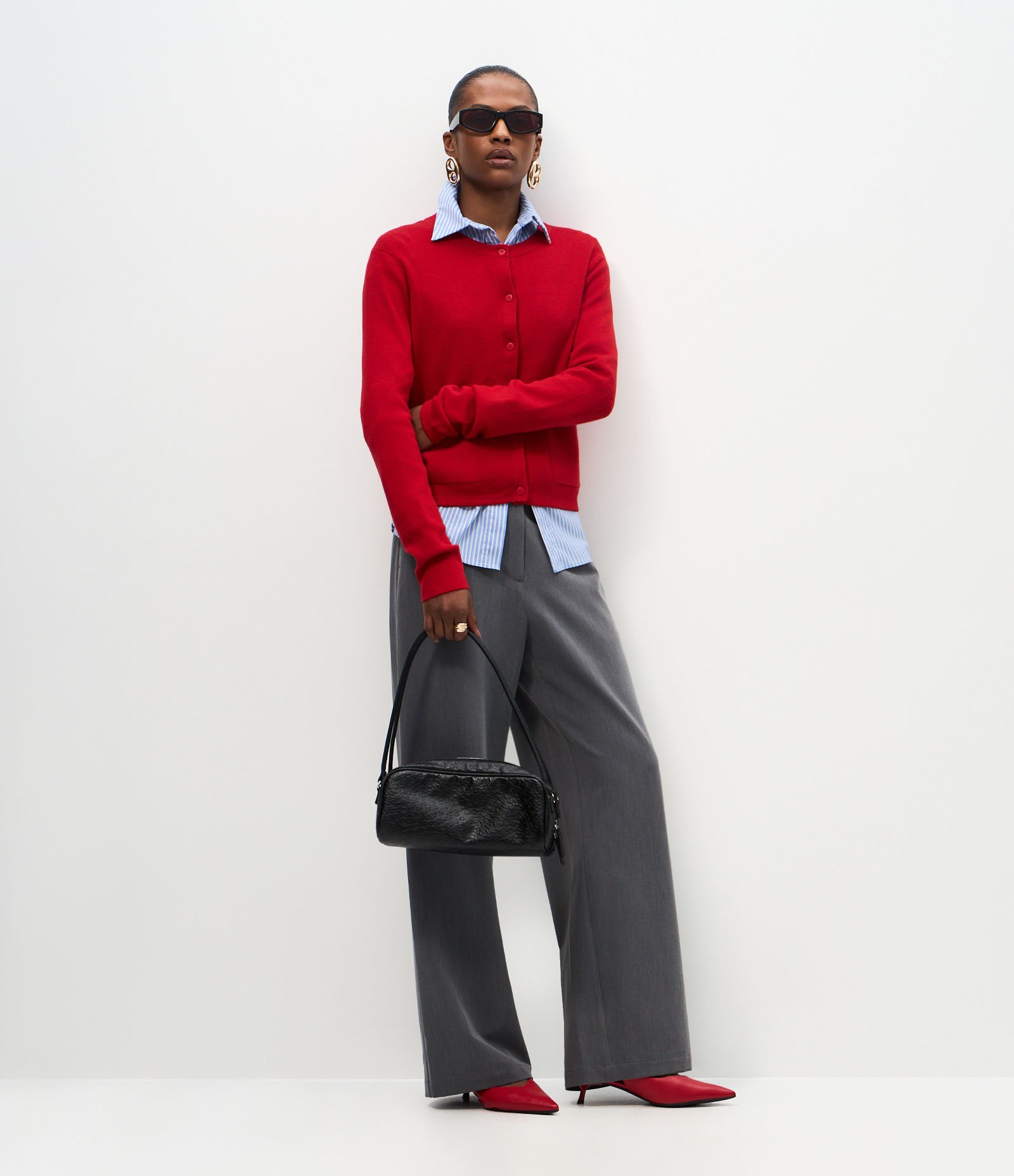 T/CBASIC KNIT SHIRT CARDIGANチャコール レッドセット Cardigan em Tricô com Bolsos Frontais Vermelho