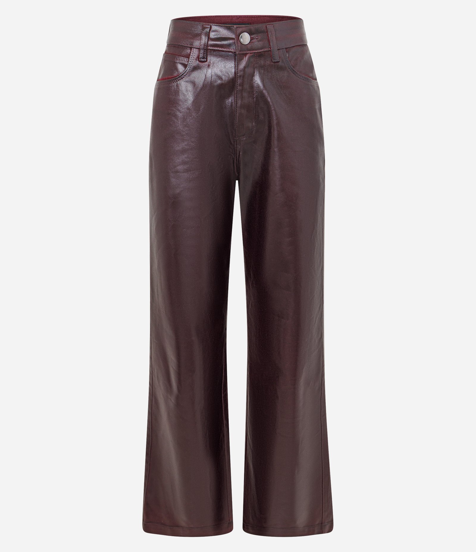 Calça Reta em Jeans Resinado com Cintura Alta Bordô 1