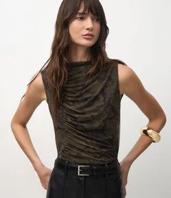 Blusa em Tule com Estampa Animal Print e Drapeado Lateral