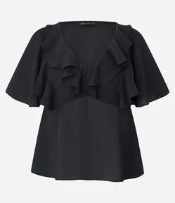 Blusa em Crepe com Mangas Curtas Estilo Borboleta