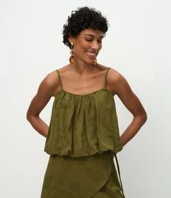 Blusa Balonê em Jacquard Floral com Alças Finas Reguláveis