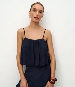 Blusa Balonê em Jacquard Floral com Alças Finas Reguláveis