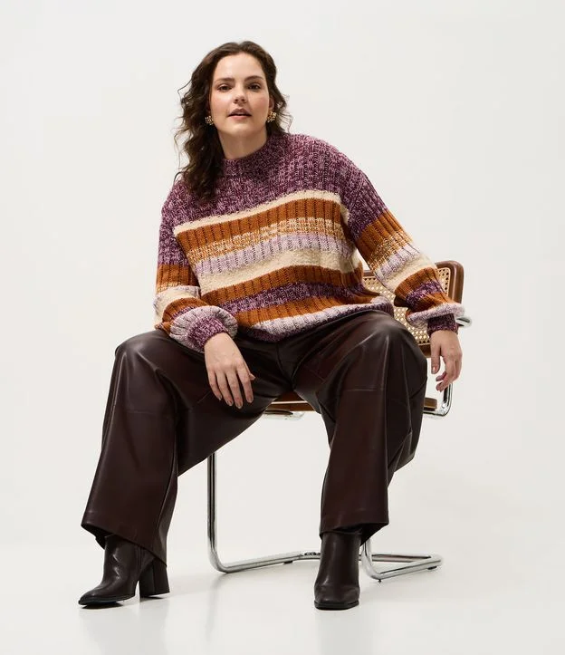 Suéter Boxy Canelado em Tricô com Listras Curve & Plus Size Multicores