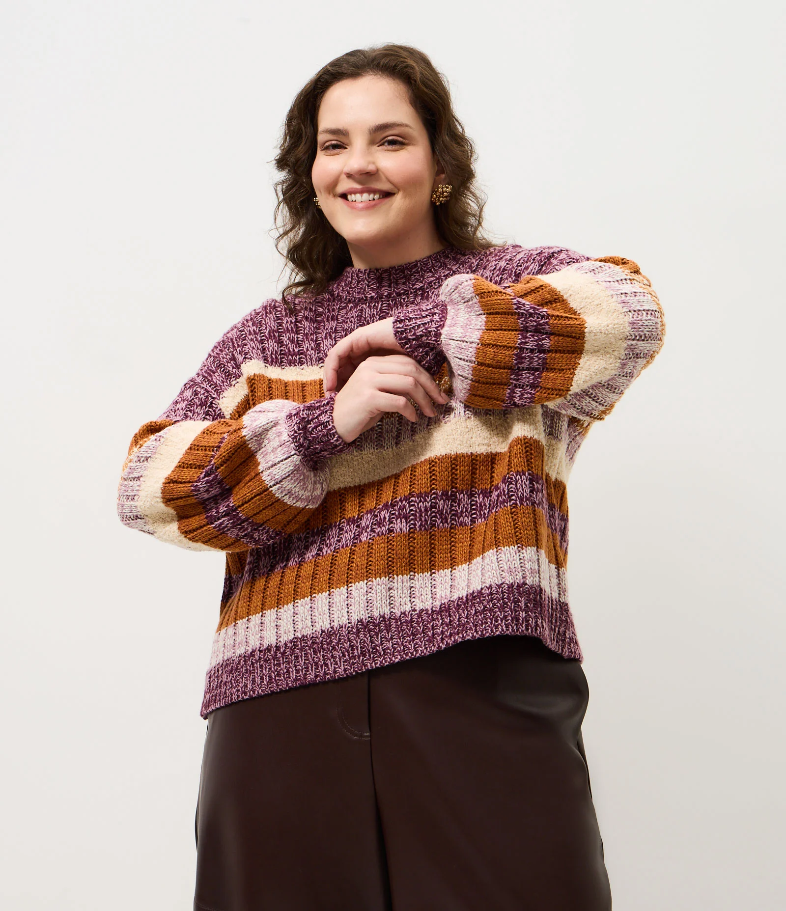 Suéter Boxy Canelado em Tricô com Listras Curve & Plus Size Multicores 2