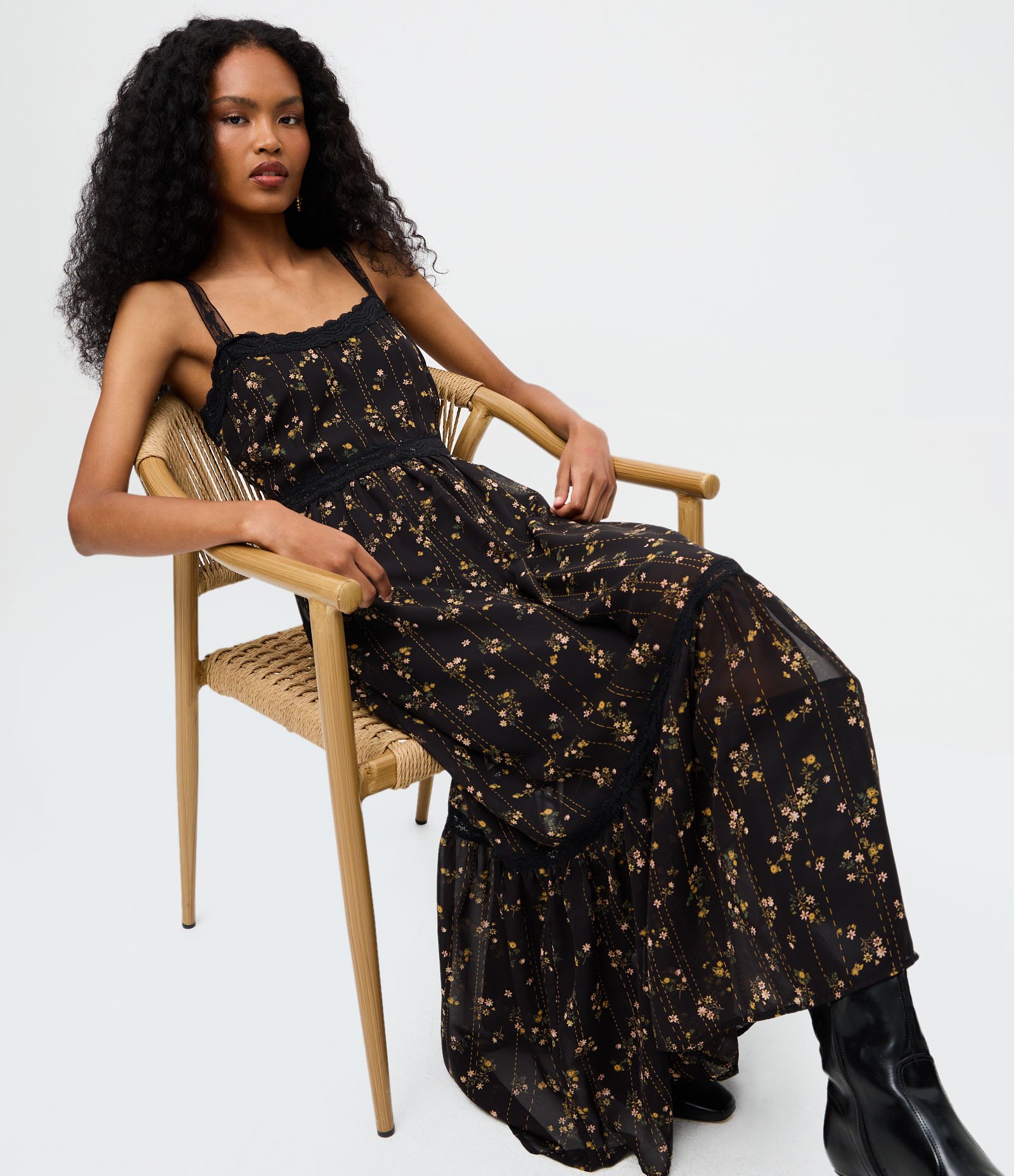 Vestido Midi Longo Estampa Étnica com Alças Finas Preto 4