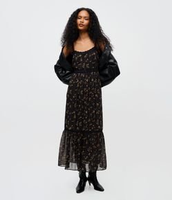 Vestido Midi Longo Estampa Étnica com Alças Finas