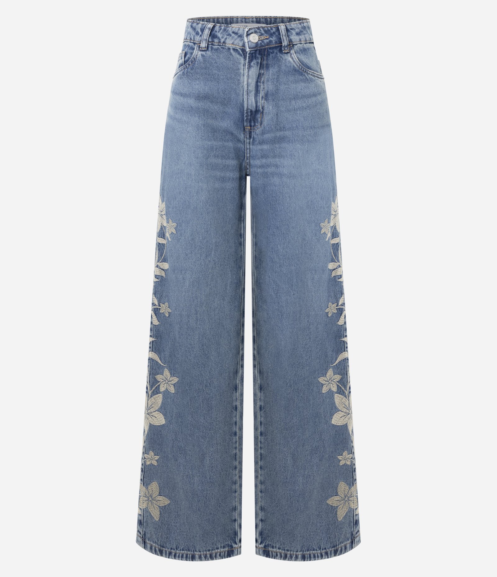 Calça Wide em Jeans com Cintura Baixa e Bordado Floral Azul Claro 1