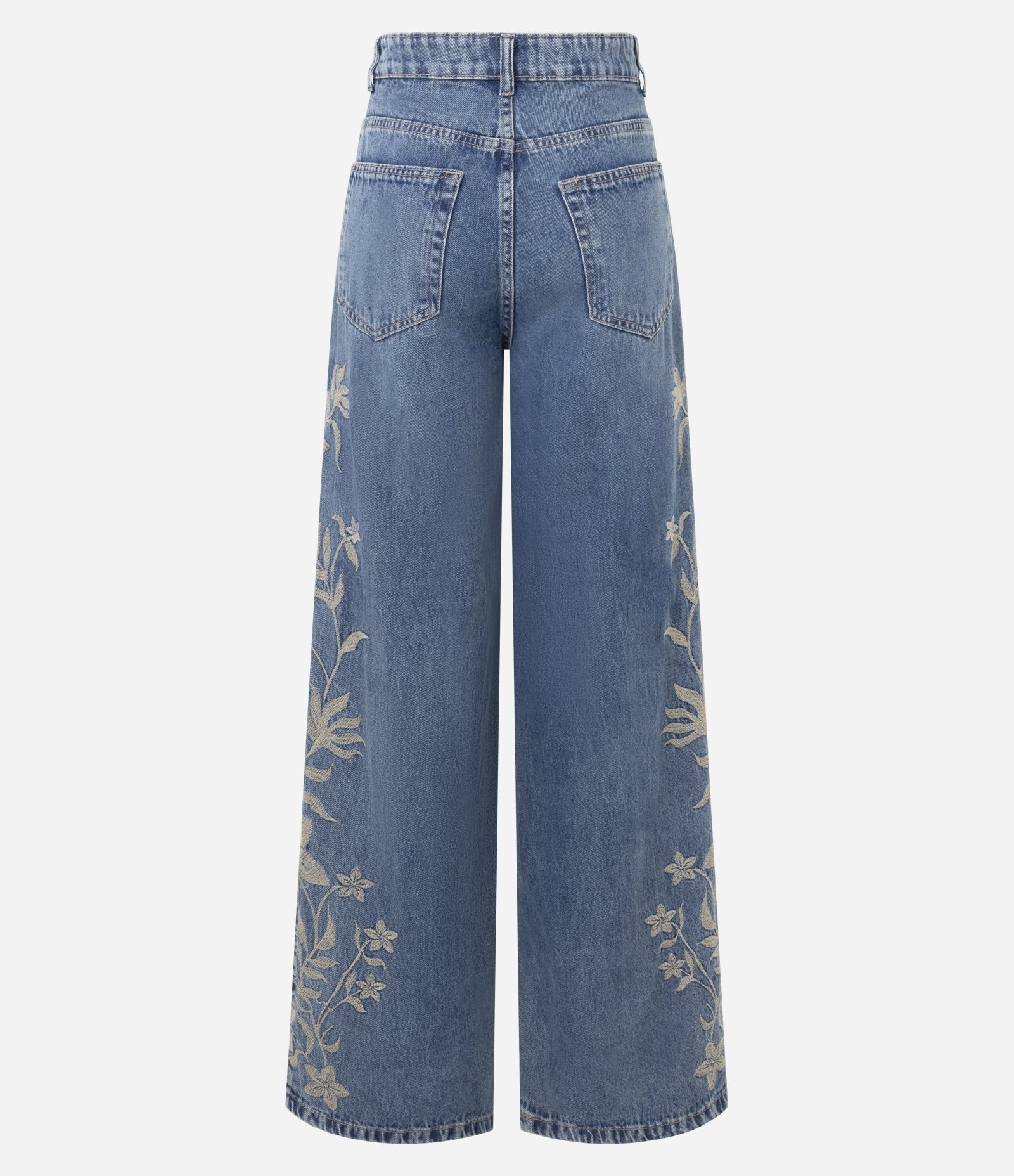 Calça Wide em Jeans com Cintura Baixa e Bordado Floral Azul Claro 3