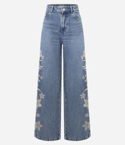 Calça Wide em Jeans com Cintura Baixa e Bordado Floral