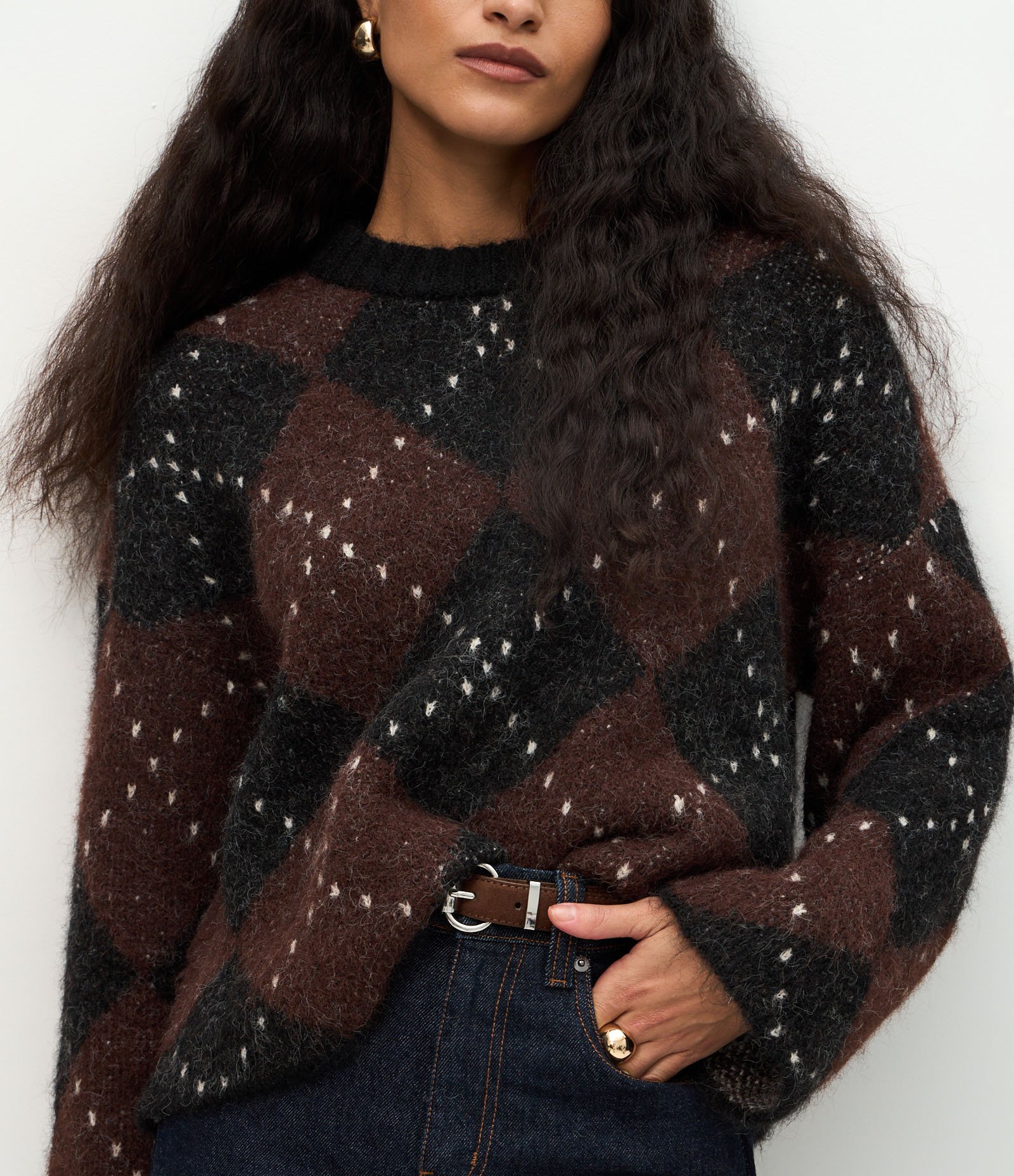 Suéter Over em Tricô com Estampa Xadrez Argyle Marrom 4