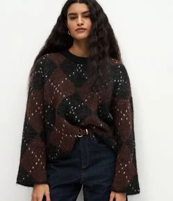 Suéter Over em Tricô com Estampa Xadrez Argyle