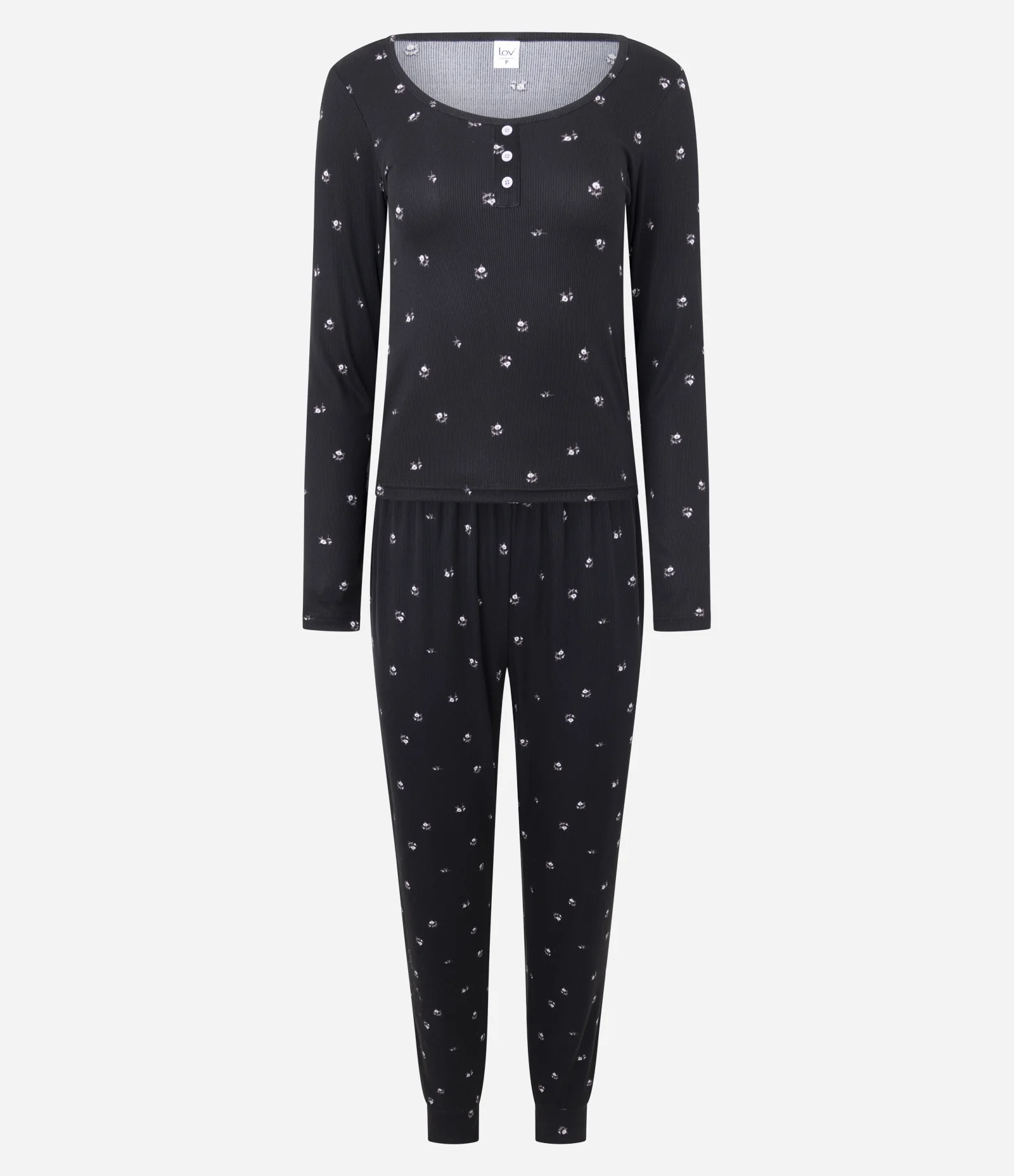 Pijama Longo em Ribana Floral com Botões Preto 1
