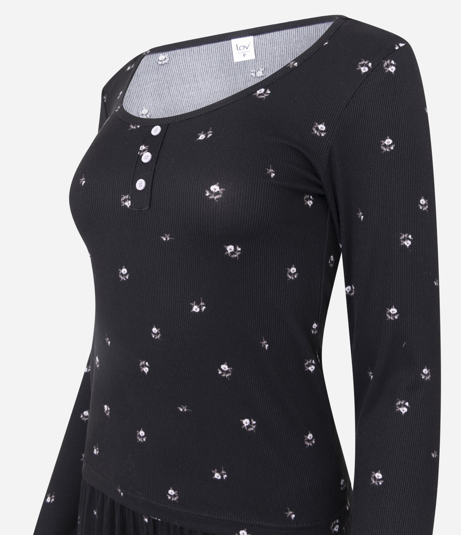 Pijama Longo em Ribana Floral com Botões Preto 2