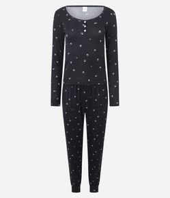 Pijama Longo em Ribana Floral com Botões