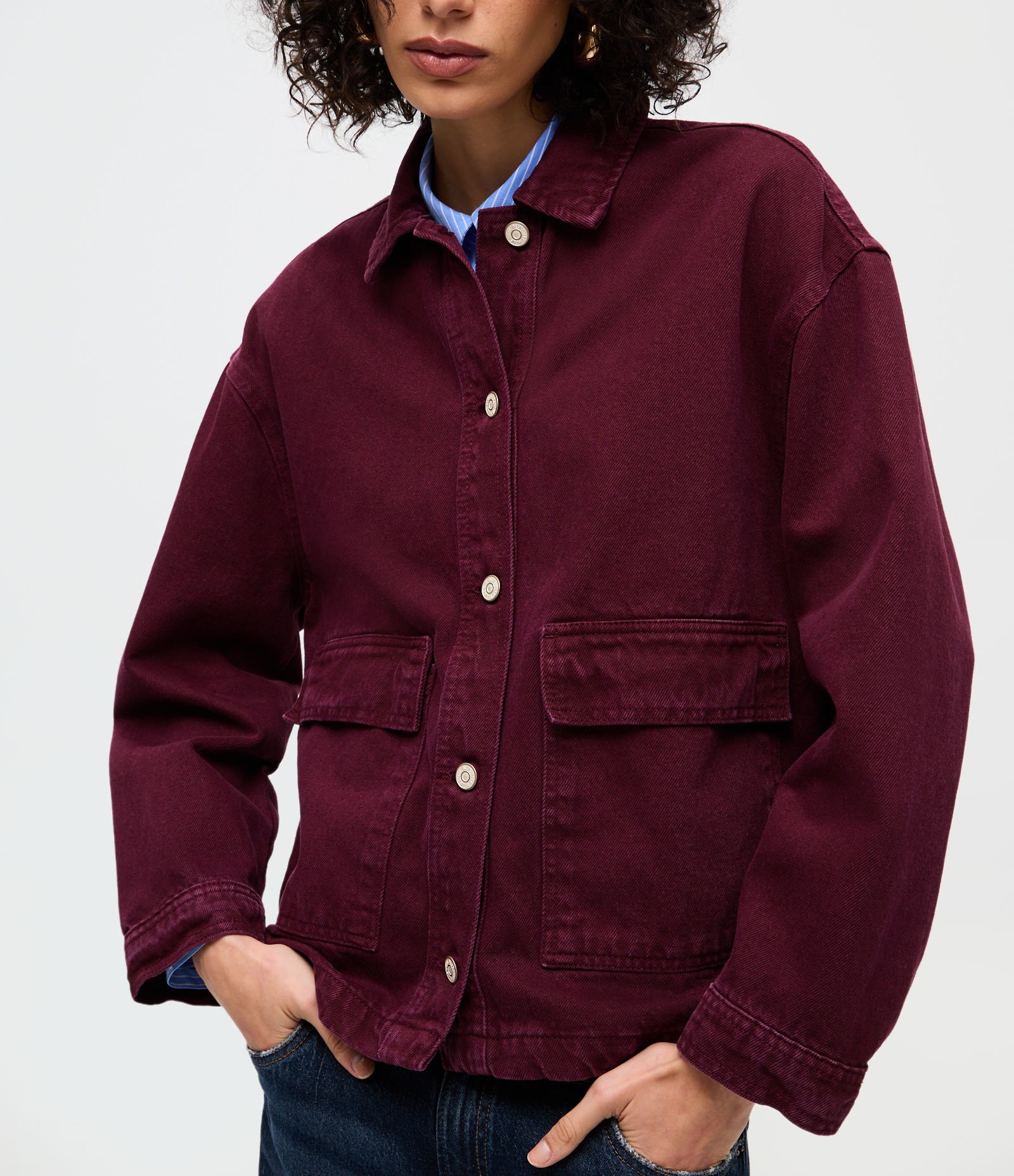 Camisa Overshirt em Sarja com Bolsos Frontais Bordô 3