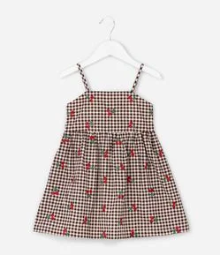 Vestido Infantil em Estampa Xadrez com Cereja – Tam 1 a 6 Anos