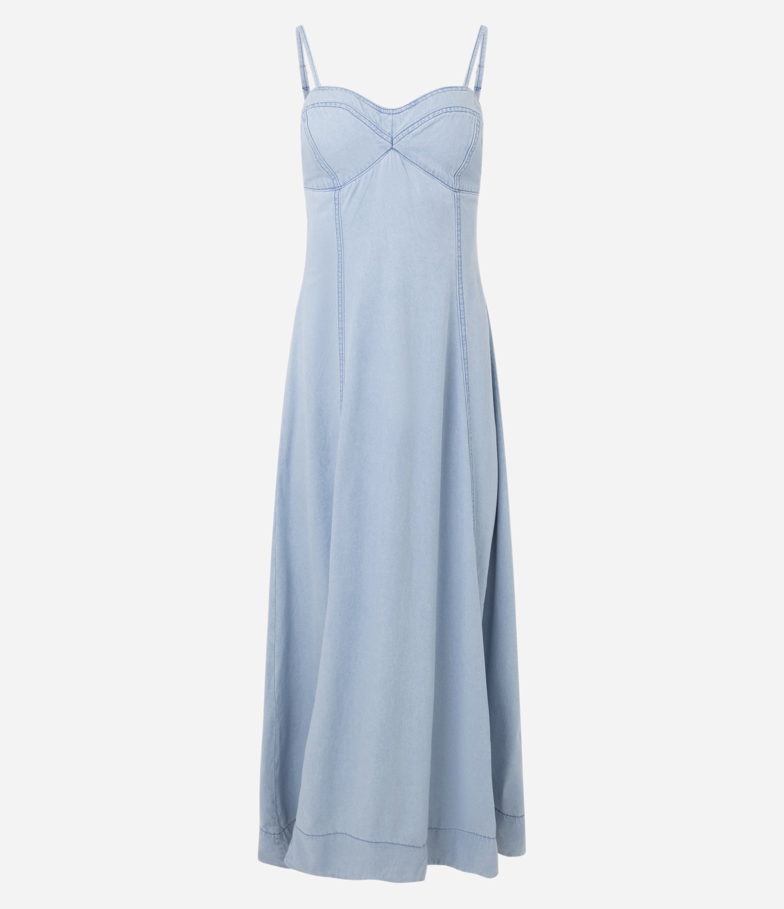 Vestido Midi em Jeans com Decote Coração e Recortes Azul Claro 1