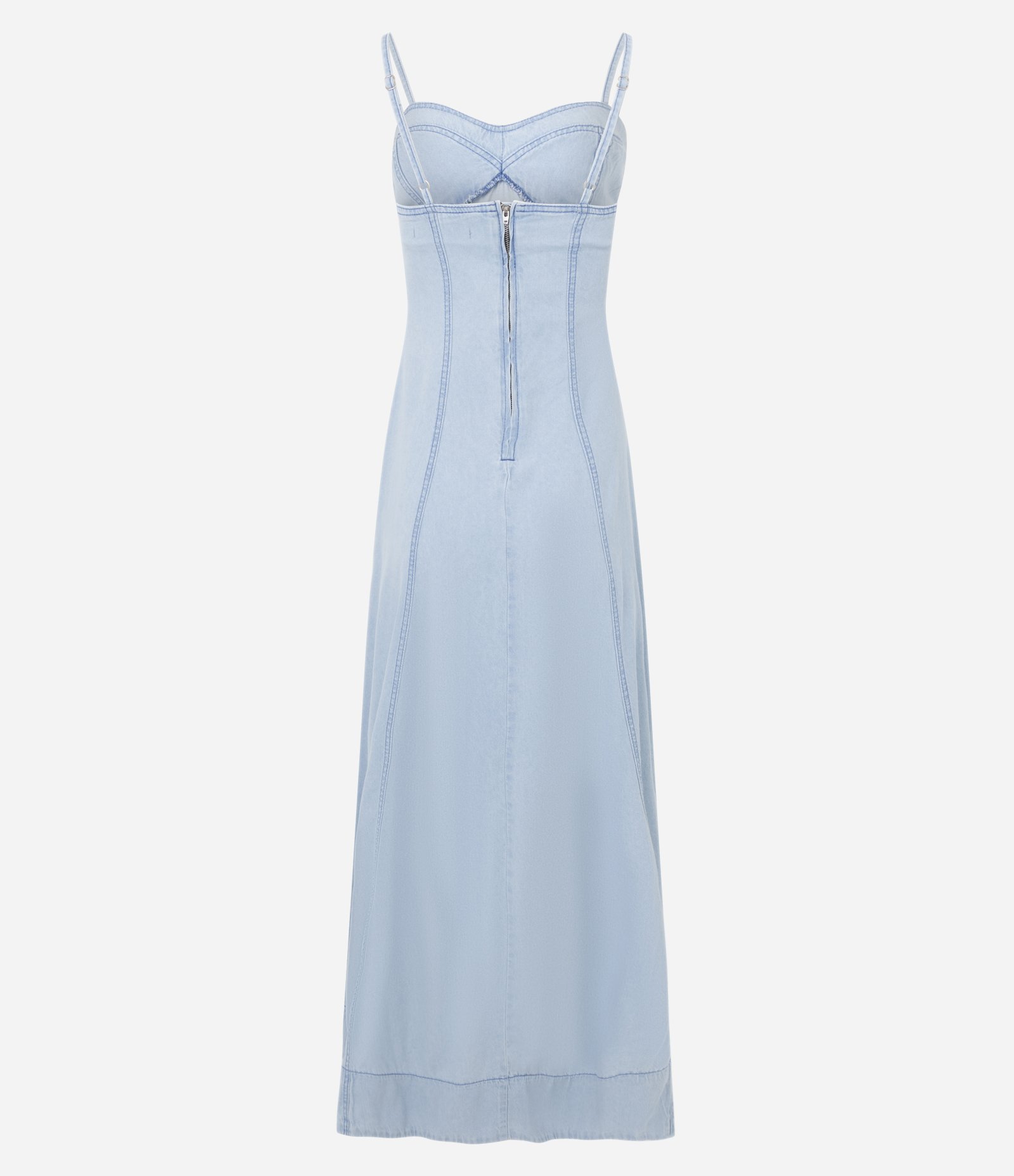 Vestido Midi em Jeans com Decote Coração e Recortes Azul Claro 2