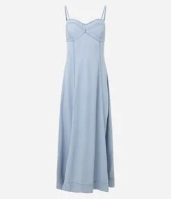 Vestido Midi em Jeans com Decote Coração e Recortes