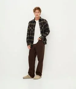 Calça Baggy em Sarja com Costura Contrastante e Cadarço na Cintura