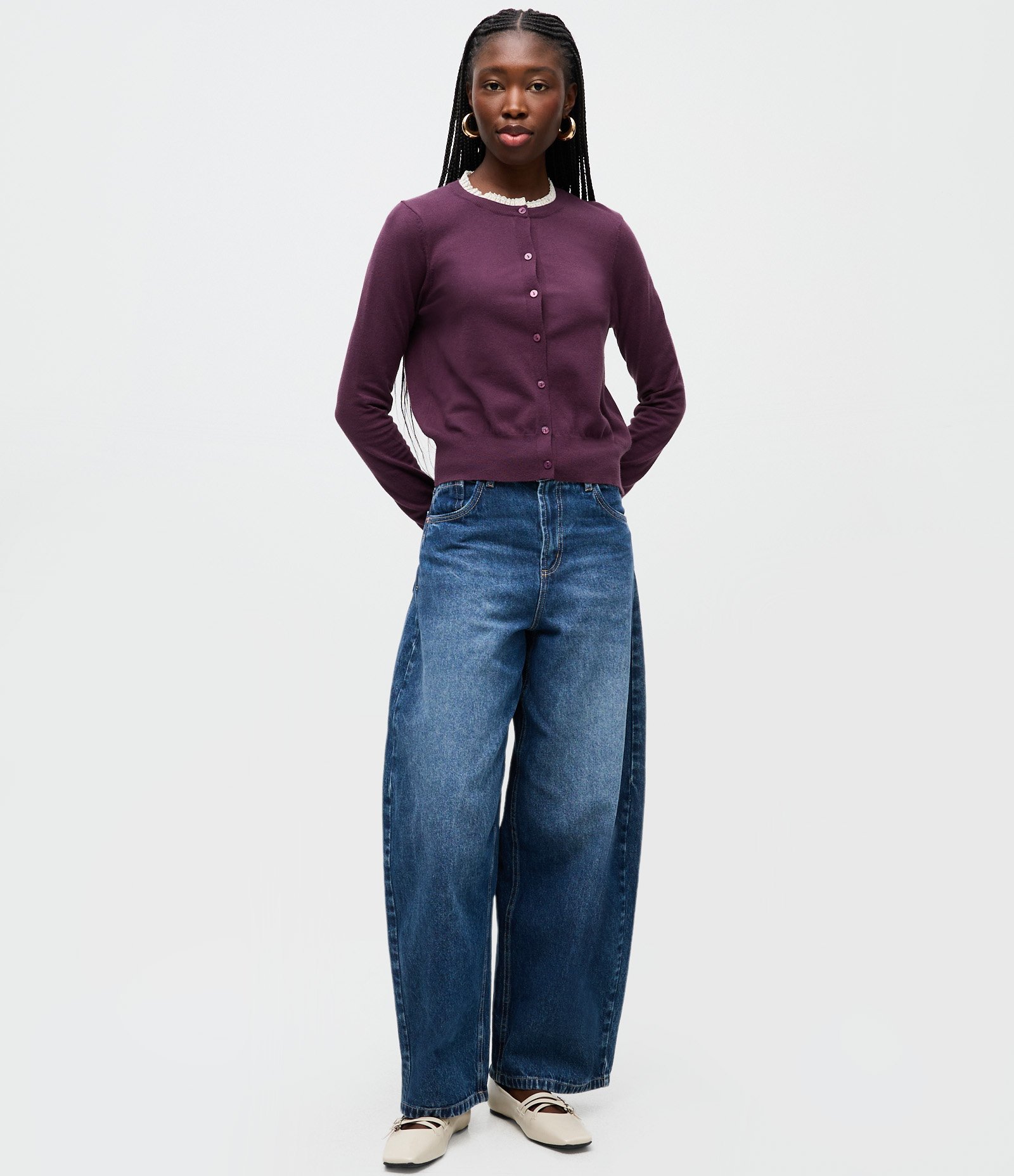 Cardigan em Tricô com Botões e Gola Contrastante Roxo 2