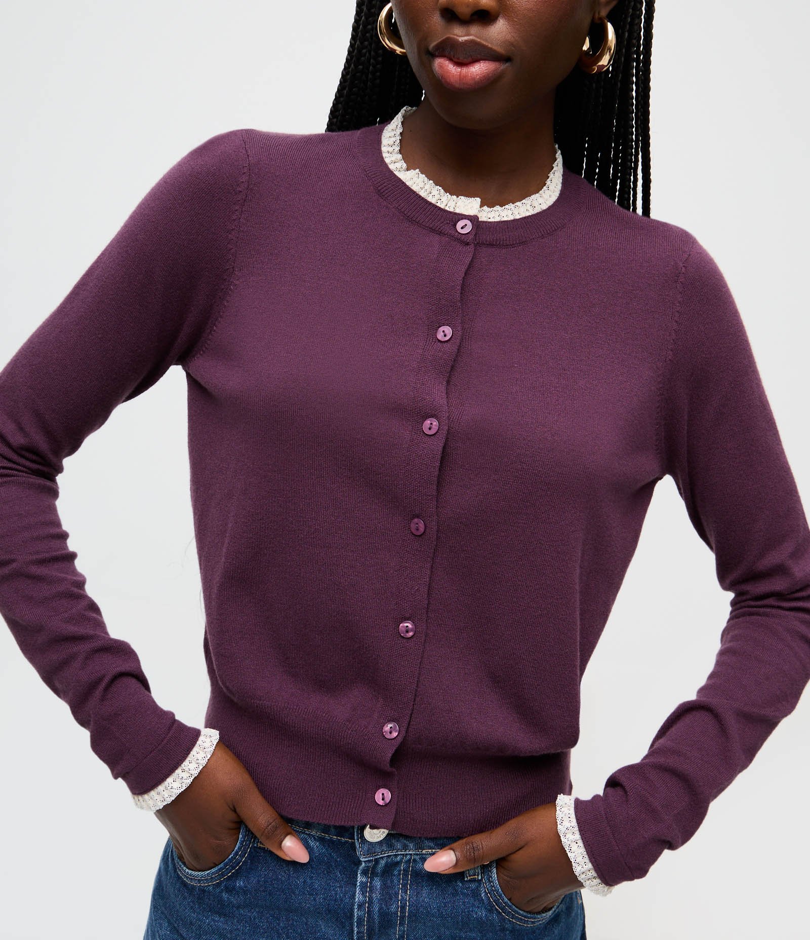 Cardigan em Tricô com Botões e Gola Contrastante Roxo 3