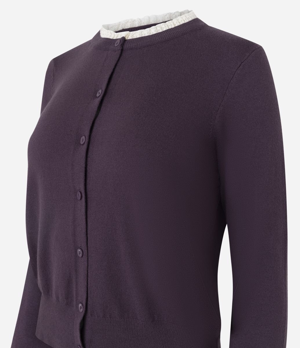Cardigan em Tricô com Botões e Gola Contrastante Roxo
