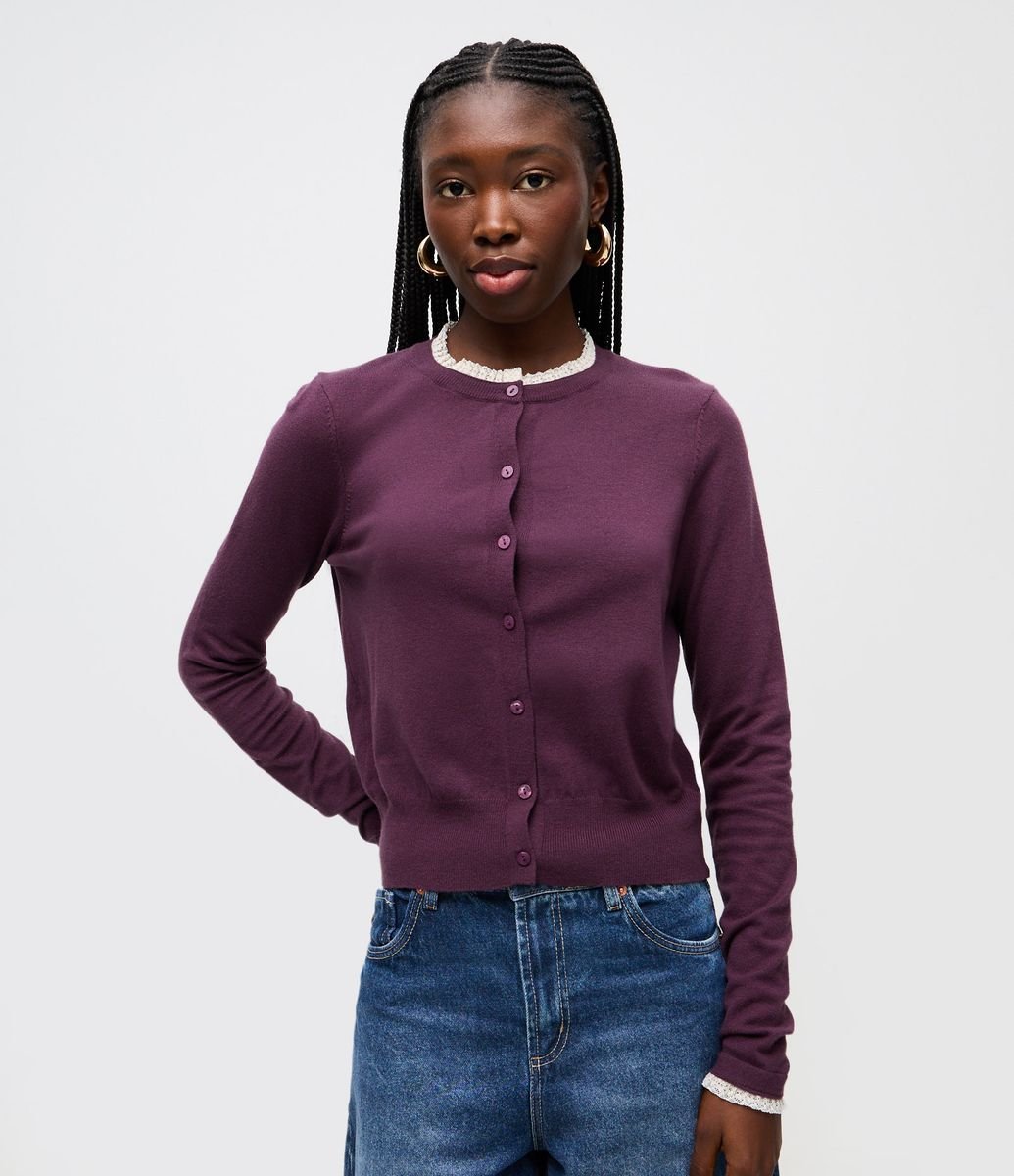 Cardigan em Tricô com Botões e Gola Contrastante Roxo