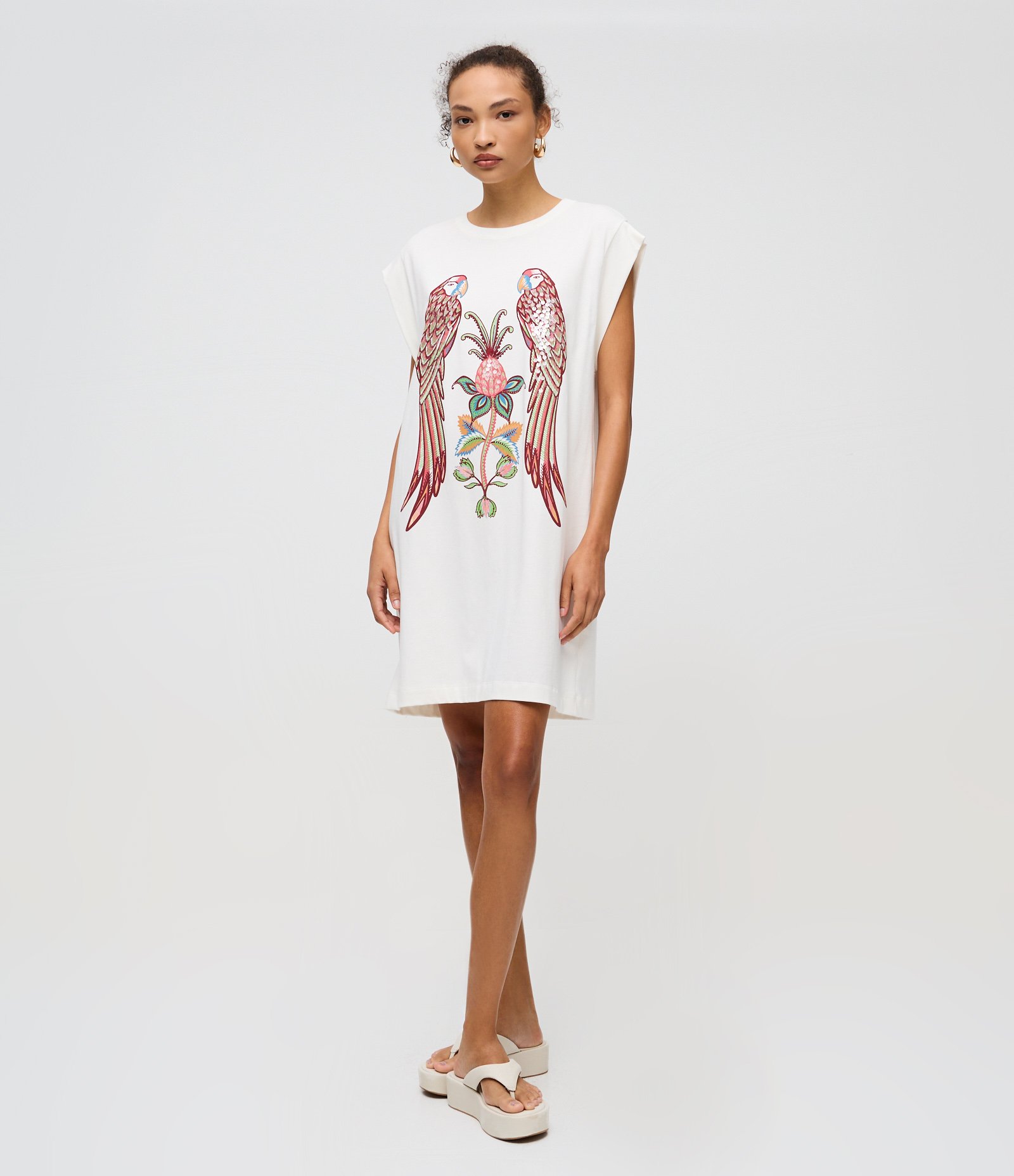 Vestido Curto em Algodão com Silk Frontal de Araras Branco 1