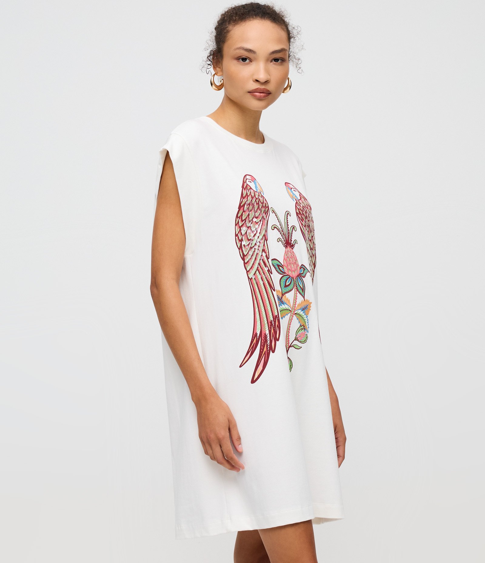 Vestido Curto em Algodão com Silk Frontal de Araras Branco 2