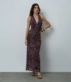 Vestido Midi em Tule Animal Print com Decote Profundo